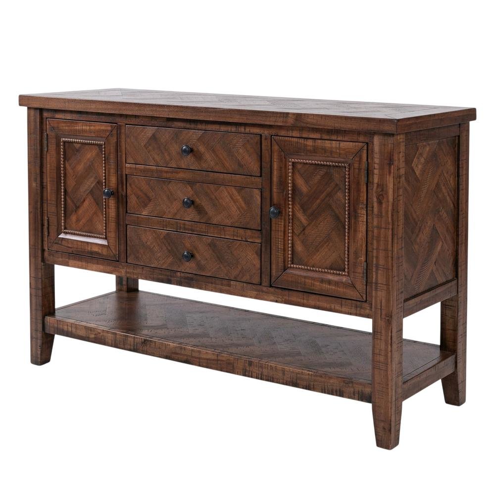 Acacia Veneer Buffet Server with Herringbone Distressed Finish, 3 Drawers, Oak