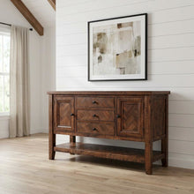 Acacia Veneer Buffet Server with Herringbone Distressed Finish, 3 Drawers, Oak