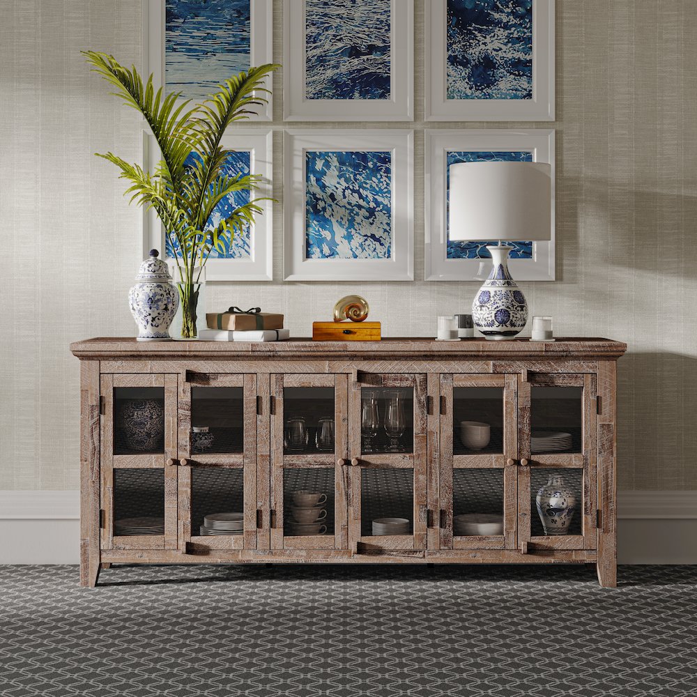 Rustic Shores 70" Coastal Distressed Acacia Six-Door Sideboard Cabinet