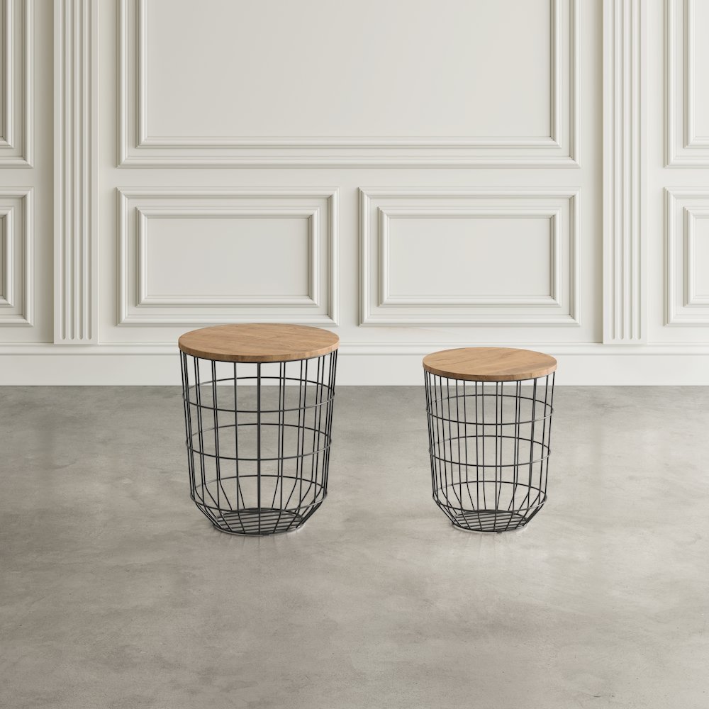 Global Archive Nested Storage Solid Wood and Metal Basket End Tables (Set of 2)