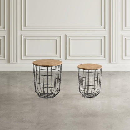 Global Archive Nested Storage Solid Wood and Metal Basket End Tables (Set of 2)