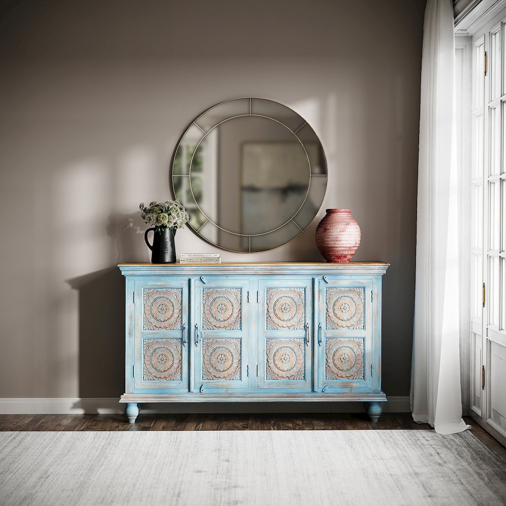 71" Solid Wood Boho Distressed Sideboard Cabinet with Artisan Carved Doors