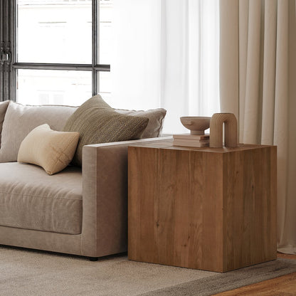 Sequoia 22" Solid Wood Modern Rustic Cube Carved End Table