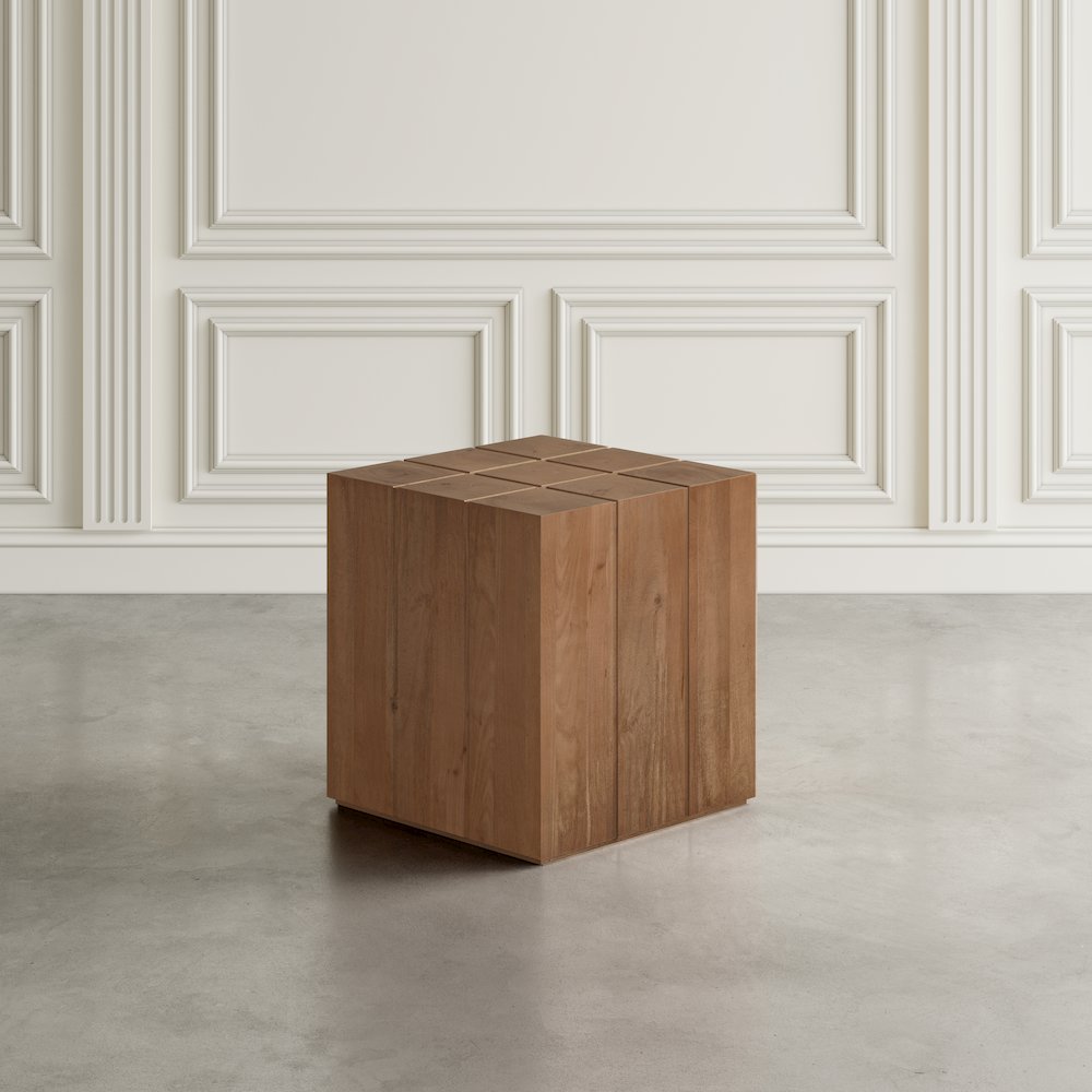 Sequoia 22" Solid Wood Modern Rustic Cube Carved End Table