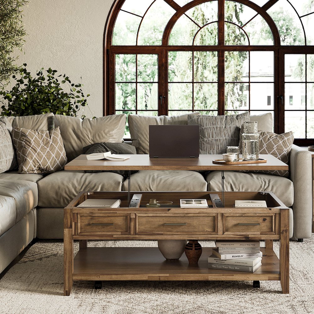Claremont Transitional Rustic Wood Lift-Top Coffee Table with Wheels