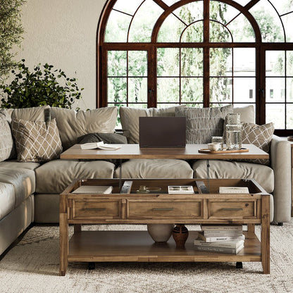 Claremont Transitional Rustic Wood Lift-Top Coffee Table with Wheels