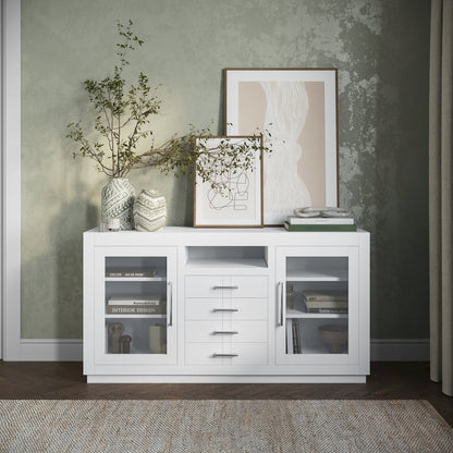 60" Contemporary Media Console with Tempered Glass Doors, Drawers and Shelves