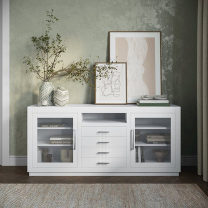 70" Contemporary Media Console with Tempered Glass Doors, Drawers and Shelves