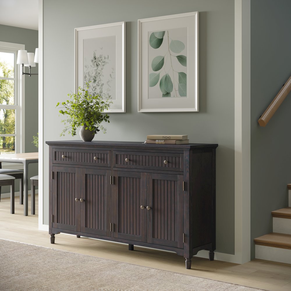58" Slat Panel Door Sideboard Cabinet - Transitional Storage, Adjustable Shelves