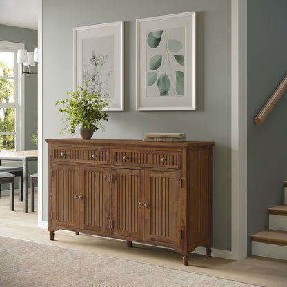 58" Slat Panel Door Sideboard Cabinet - Transitional Storage, Adjustable Shelves