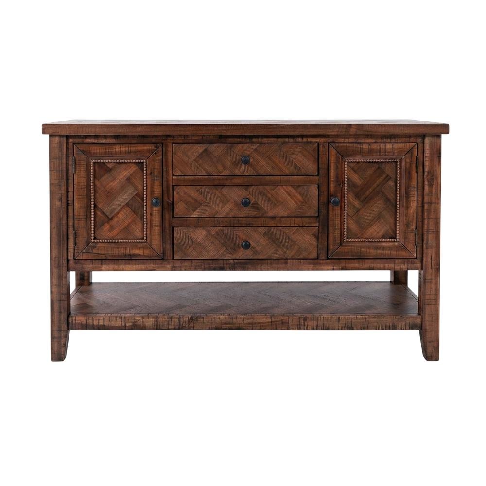 Acacia Veneer Buffet Server with Herringbone Distressed Finish, 3 Drawers, Oak