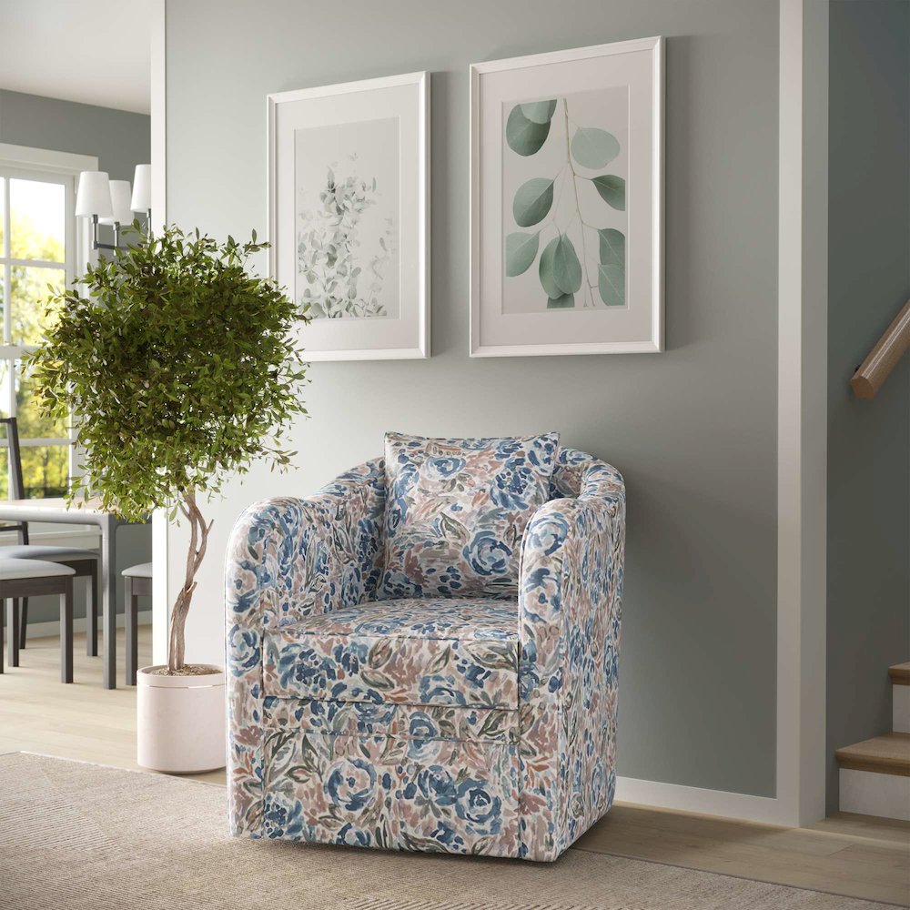 Daisy Bloom Floral Classic Traditional Swivel Accent Barrel Chair with Pillow