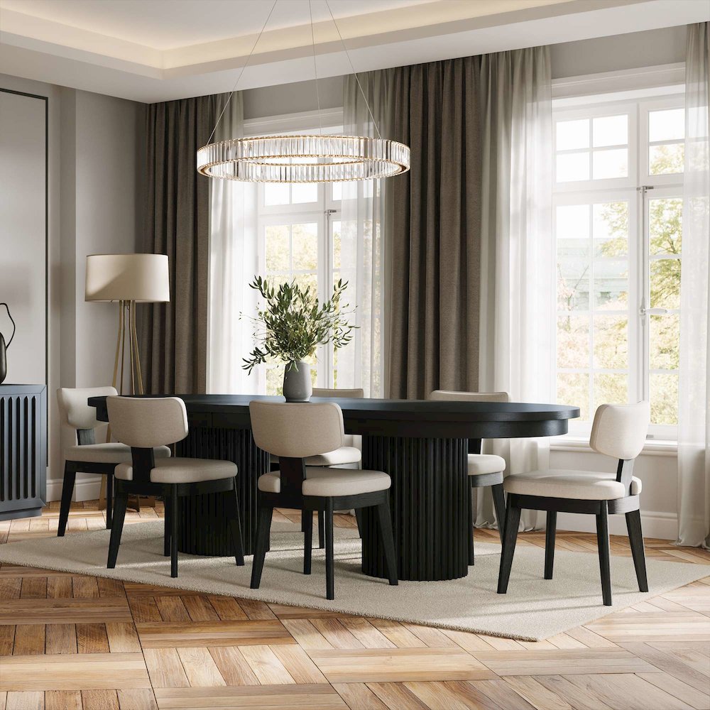 Auden 101" 7-Pc Mid-Century Modern Pedestal Dining Set, Upholstered Chairs