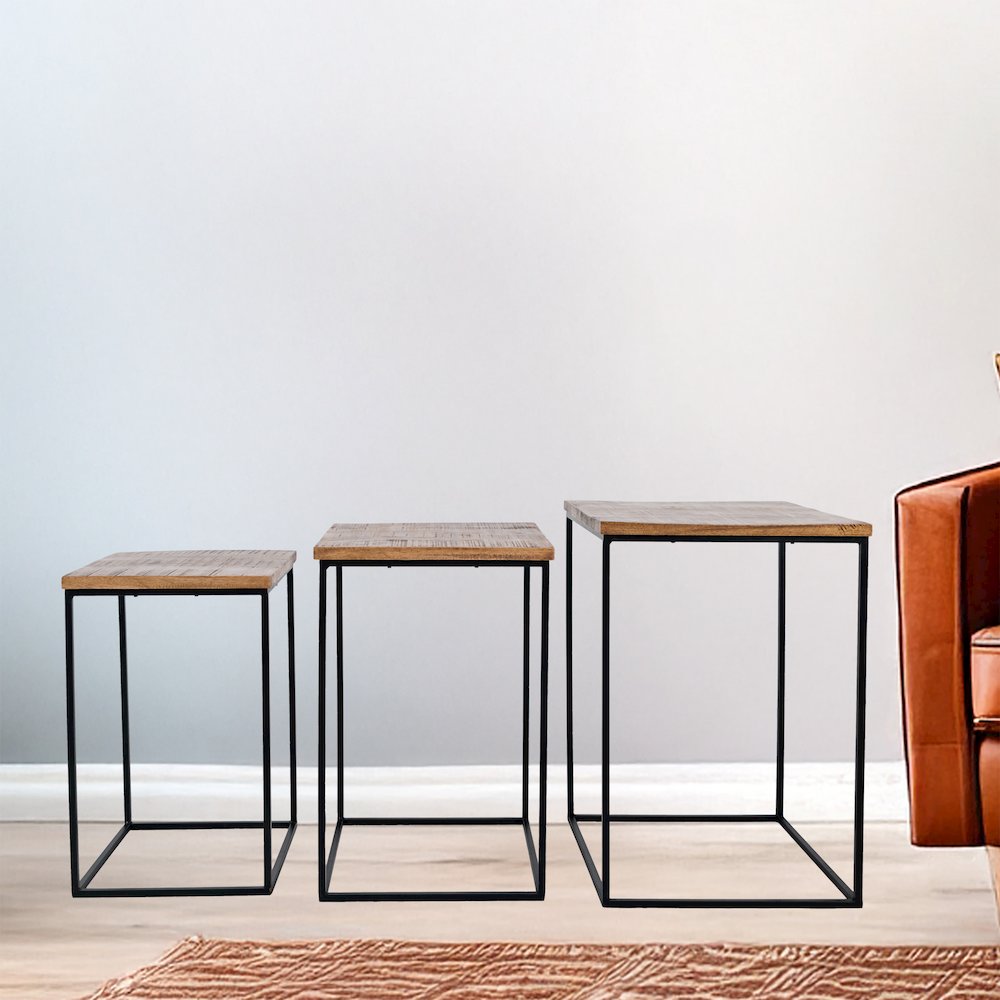 Brody Square Modern Rustic Solid Wood and Metal Nesting End Tables - Set of 3