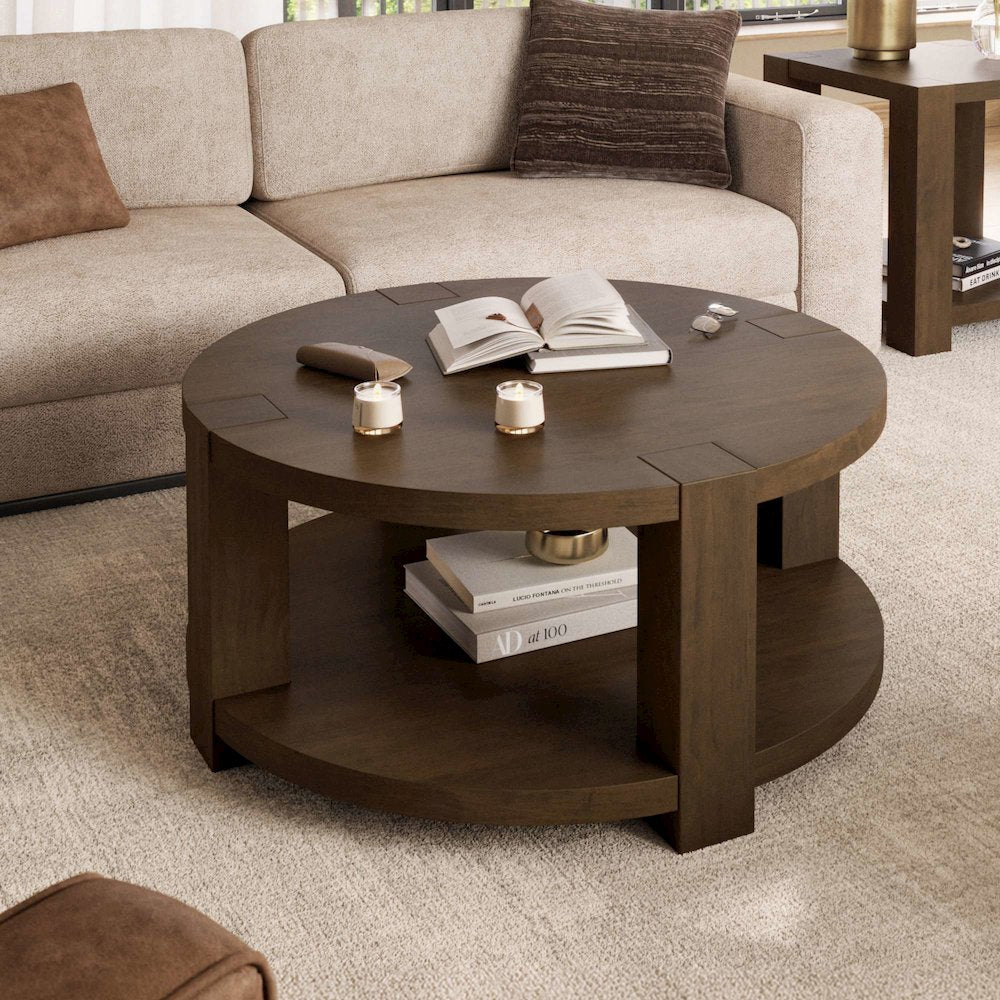 Brownstone 40" Round Transitional Modern Block-Frame Coffee Table with Wheels