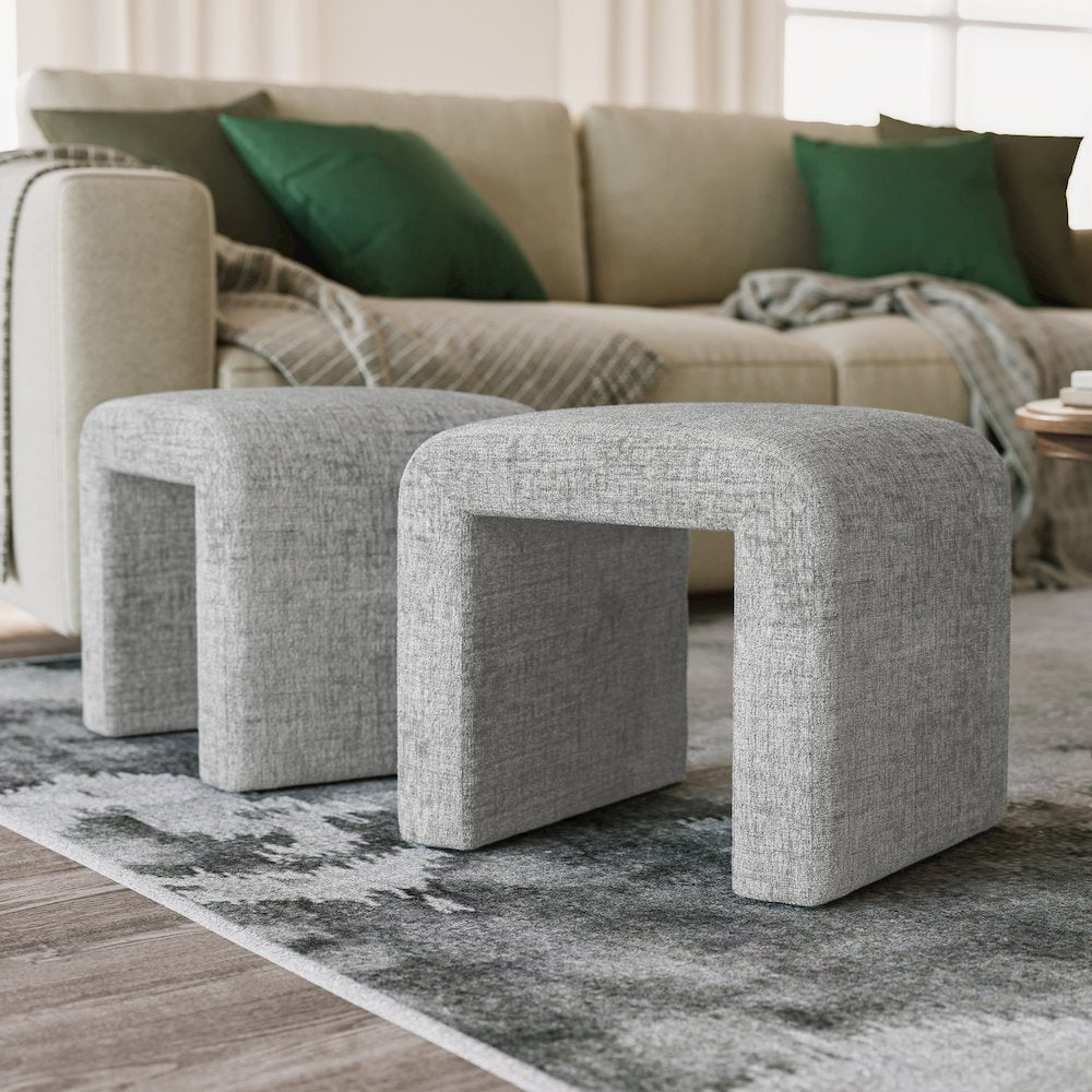 Modern Curved Upholstered Waterfall Jacquard Petite Ottoman Bench - Set of 2