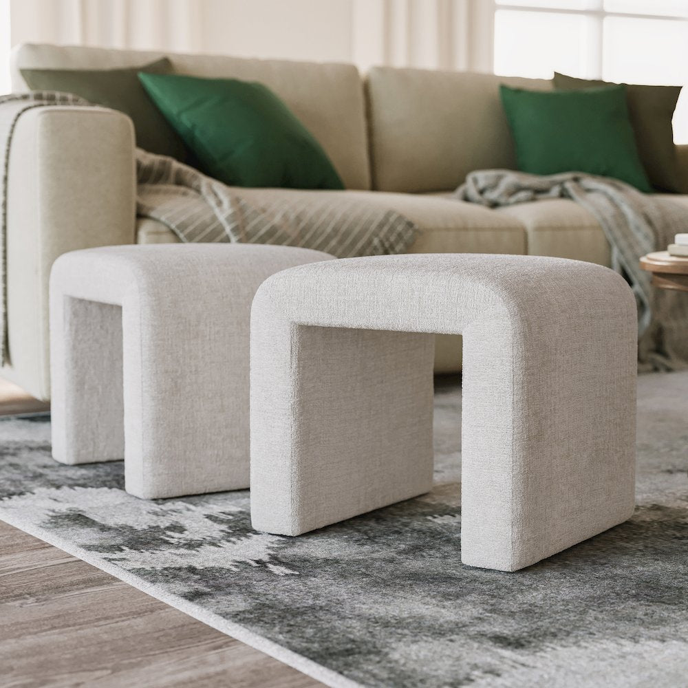 Modern Curved Upholstered Waterfall Jacquard Petite Ottoman Bench - Set of 2