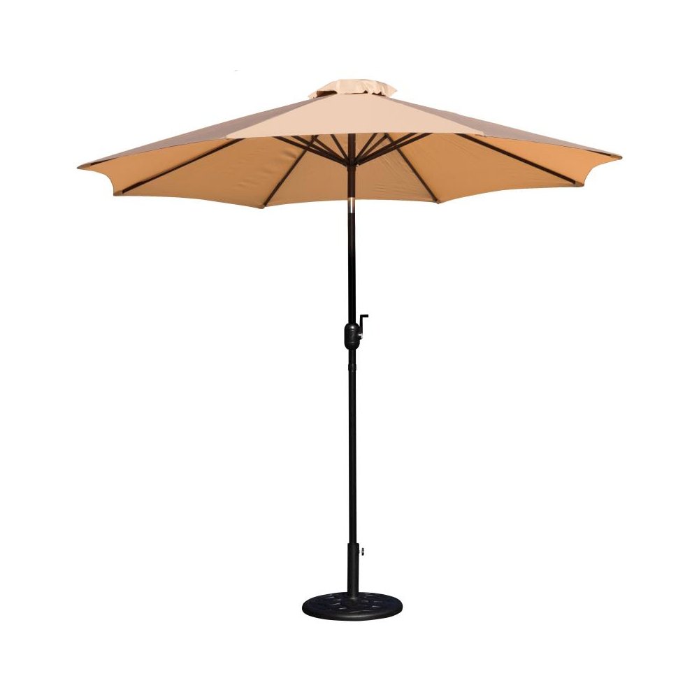 Tan 9 FT Round Umbrella with Crank and Tilt Function and Standing Umbrella Base