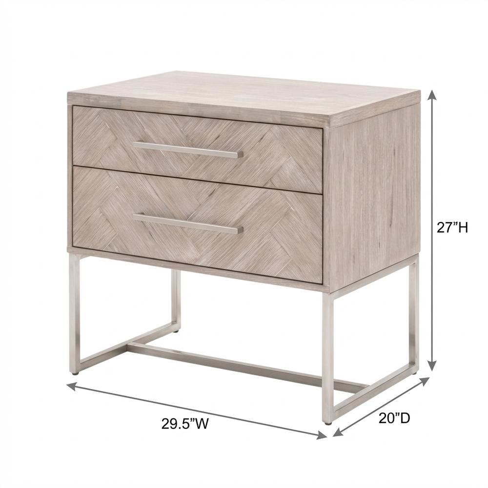 Gray Nightstand with 2 Drawers and Stainless Steel Handles for Bedroom Storage