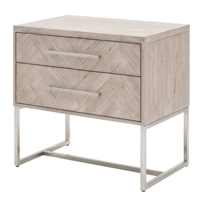 Gray Nightstand with 2 Drawers and Stainless Steel Handles for Bedroom Storage