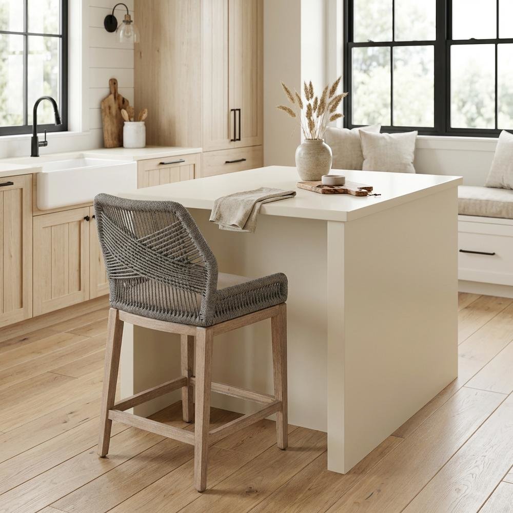 Gray Mahogany Counter Stool with Linen-Blend Upholstery and Footrest