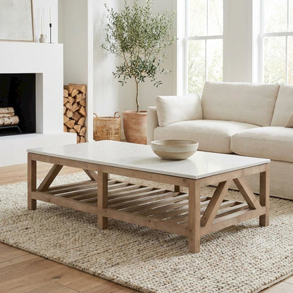 Gray Pine Wood Coffee Table with Solid Quartz Top and Open Shelf Design