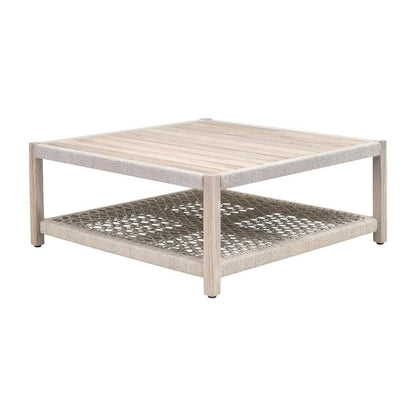 Beige Outdoor Coffee Table with Solid Teak Wood Frame and Polyolefin Rope Top