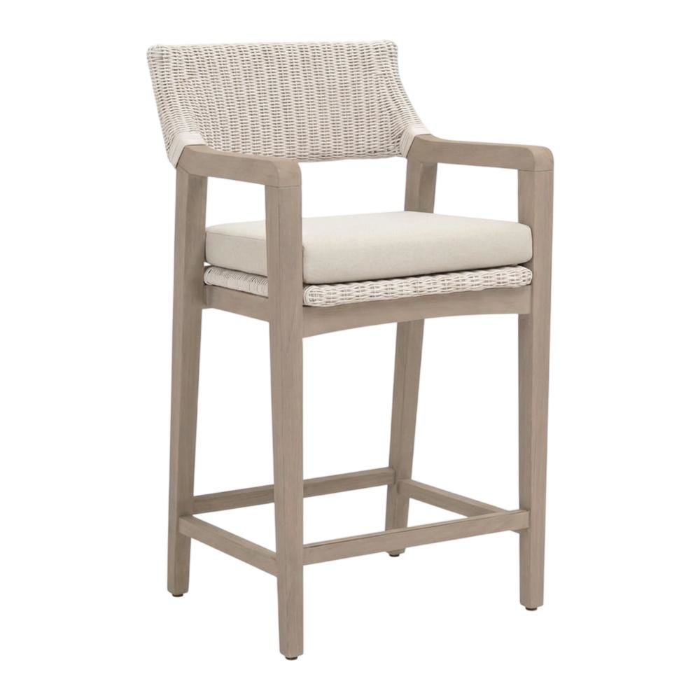 Woven White Synthetic Wicker Outdoor Counter Stool With Reversible Cushion