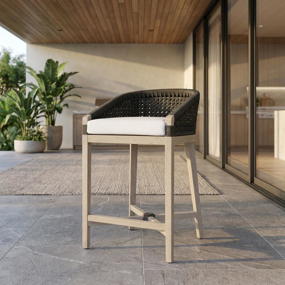 Outdoor Counter Stool With Reversible Cushions And Solid Teak Frame