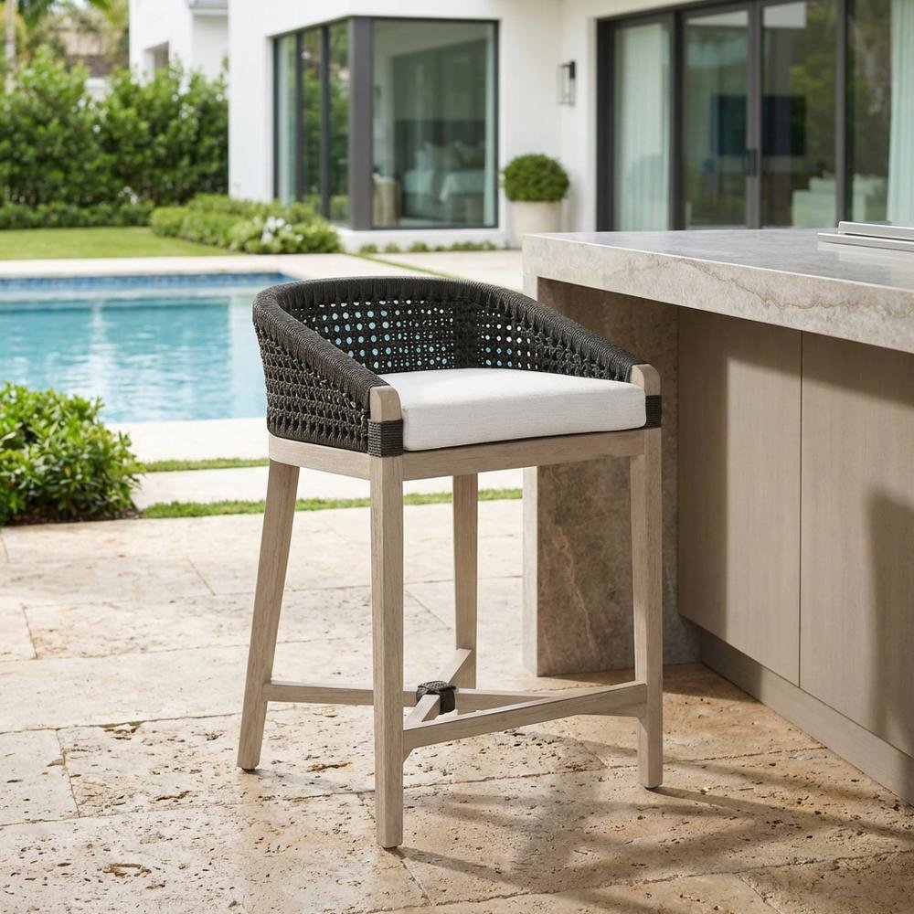 Outdoor Counter Stool With Reversible Cushions And Solid Teak Frame