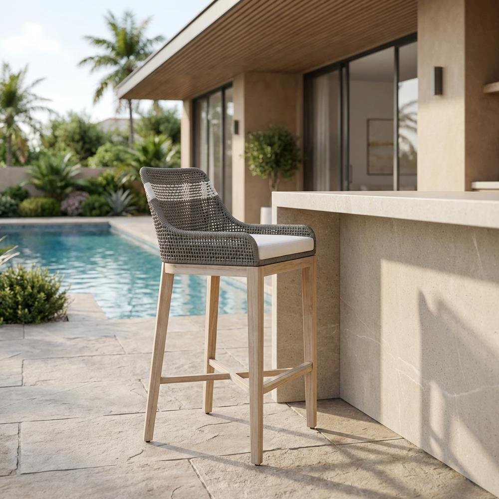 Durable Outdoor Barstool with Reversible Seat Cushion in Gray Teak Finish