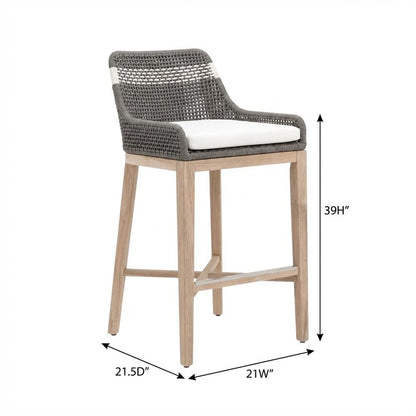 Durable Outdoor Barstool with Reversible Seat Cushion in Gray Teak Finish
