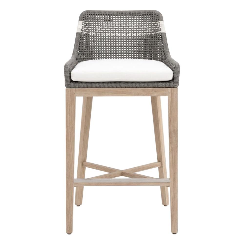 Durable Outdoor Barstool with Reversible Seat Cushion in Gray Teak Finish
