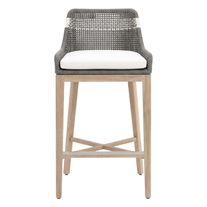 Durable Outdoor Barstool with Reversible Seat Cushion in Gray Teak Finish