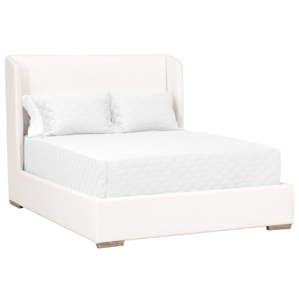 White Standard King Bed, Slanted Wing Headboard, Solid Oak Legs