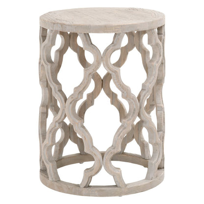 Gray End Table, Reclaimed Elm Wood, Plank Veneer, Carved Design
