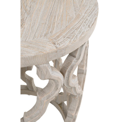 Gray End Table, Reclaimed Elm Wood, Plank Veneer, Carved Design