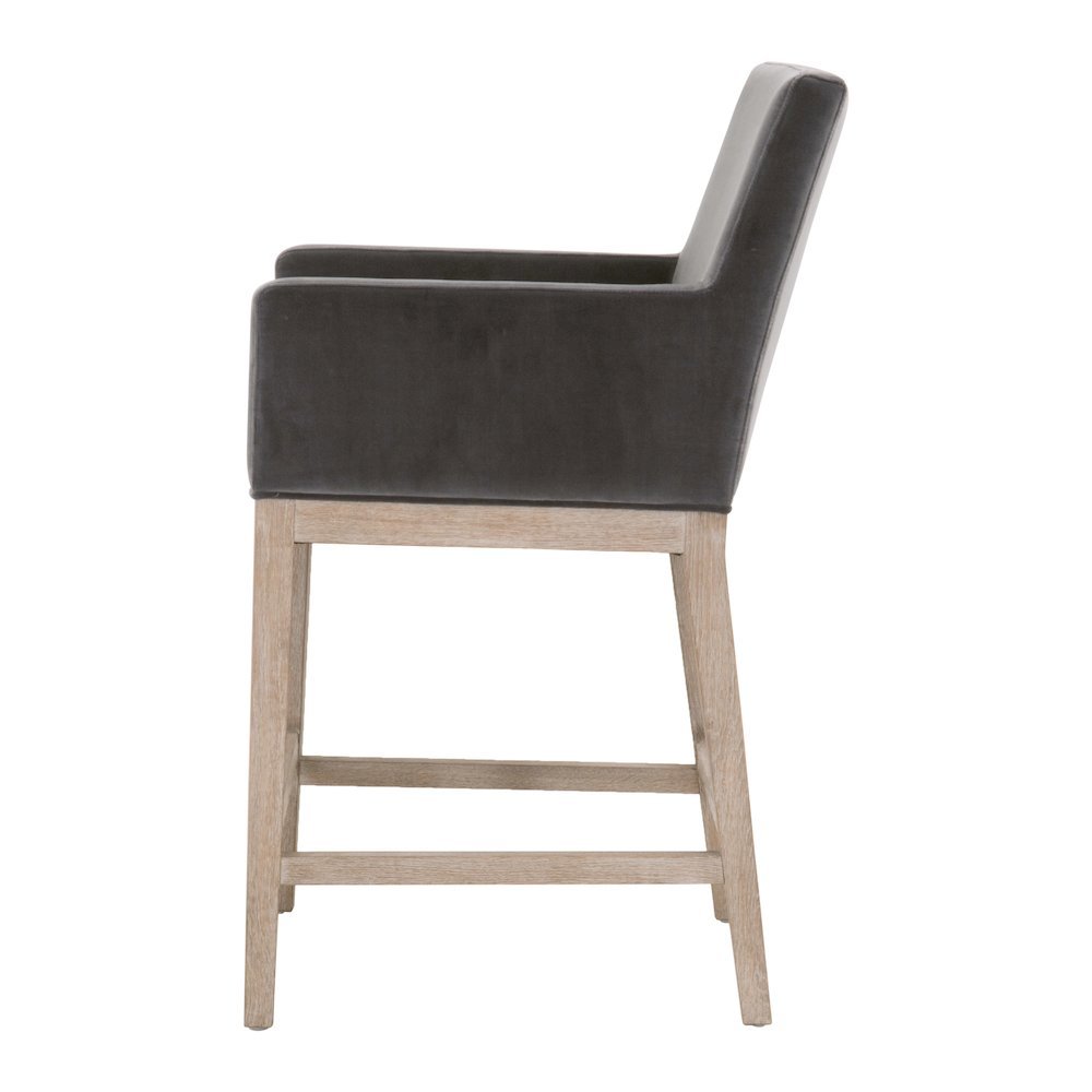 Gray Counter Stool, Solid Oak Wood Base, Velvet Cushion