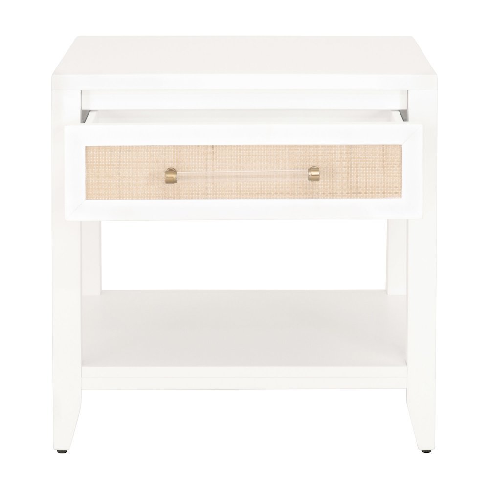 White Side Table with Drawer, Natural Rattan Inlay, Brass Hardware