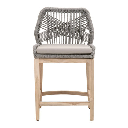 Gray Outdoor Counter Stool, Teak Legs, Aluminum Frame, Rope Weave
