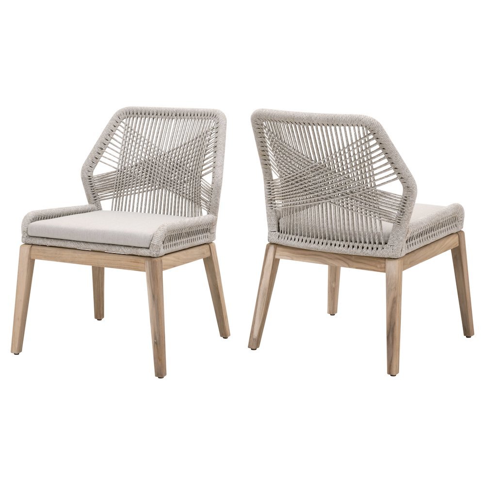 White Outdoor Dining Chair 2-Piece Set, Teak Base, Rope Weave