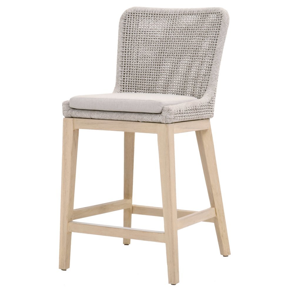 White Outdoor Counter Stool, Teak Base, Rope Weave, Metal Footrest