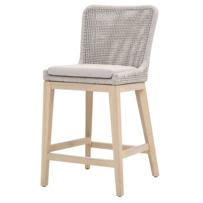 White Outdoor Counter Stool, Teak Base, Rope Weave, Metal Footrest