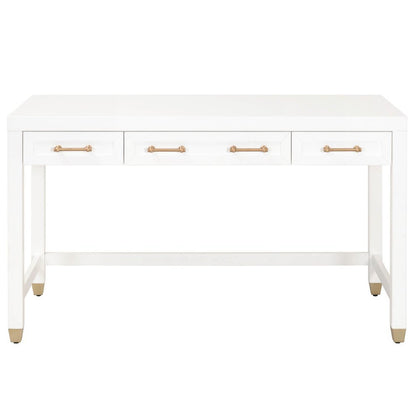 White Storage Desk with 3 Drawers, Brushed Brass Hardware, Metal Glides