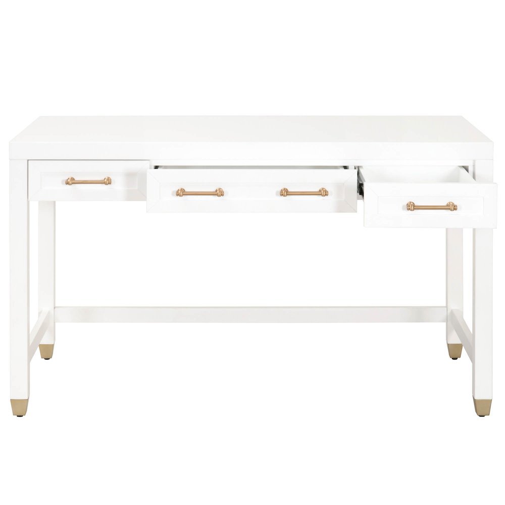 White Storage Desk with 3 Drawers, Brushed Brass Hardware, Metal Glides