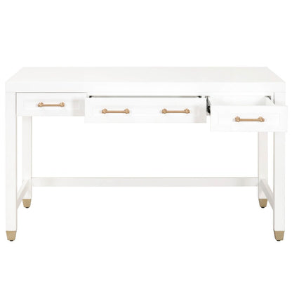 White Storage Desk with 3 Drawers, Brushed Brass Hardware, Metal Glides