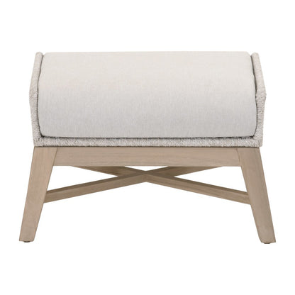 White Outdoor Footstool, Teak Base, Rope Weave, Removable Cushion