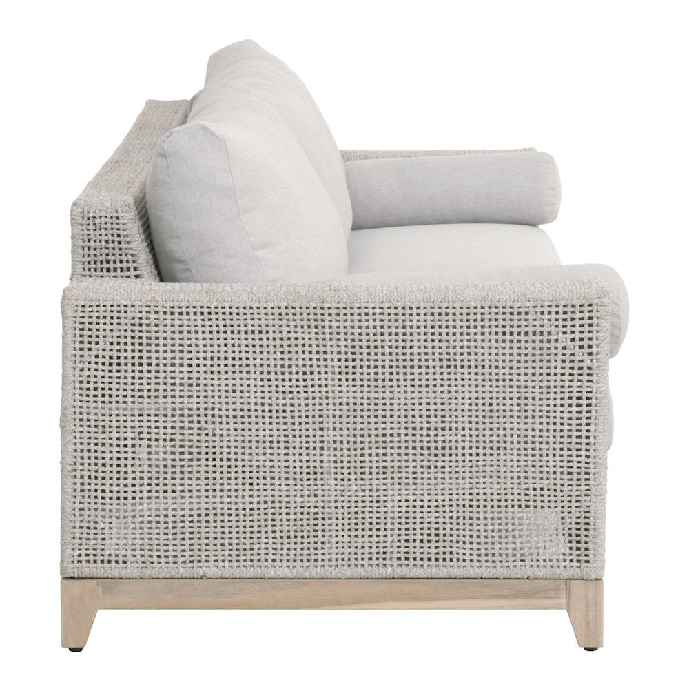 White Outdoor Sofa 90 Inches, Teak Base, Rope Weave, Removable Cushions