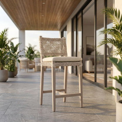 Transitional Outdoor Counter Stool With Reversible Cushion And Solid Teak Frame