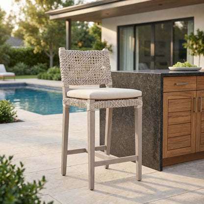 Transitional Outdoor Counter Stool With Reversible Cushion And Solid Teak Frame
